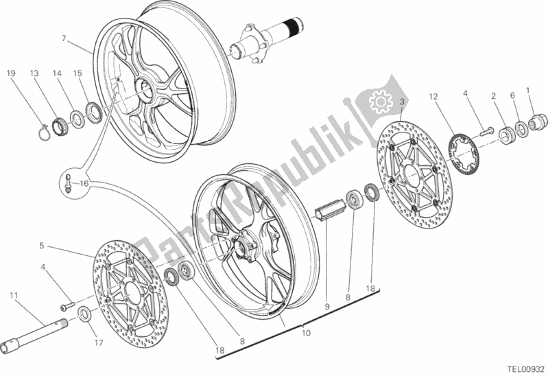 All parts for the Ruota Anteriore E Posteriore of the Ducati Monster 1200 25 TH Anniversario USA 2019